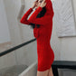 DOLLY Elegant Red Long Sleeve Hooded Slim Fit Hip Hug Short Part Dress-JUDY