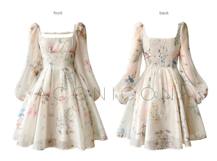 Aconiconi Elegant French Floral Print Square Neck Long Sleeve Dress- Flower Forest Girl