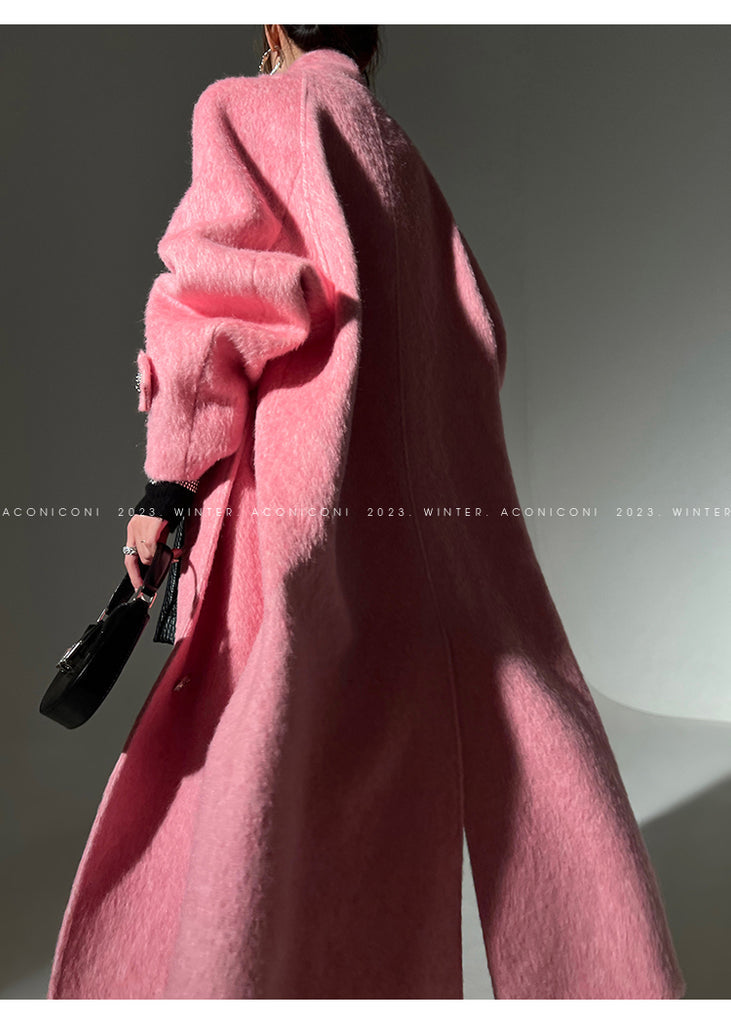 Luxury full Winter Coat Bubble gum Pink Inkstone wool long coat - Lanshan