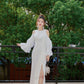 DOLLY Elegant White Retro Style Crew Neck Bubble Sleeves Long Slit Dress-RAIN