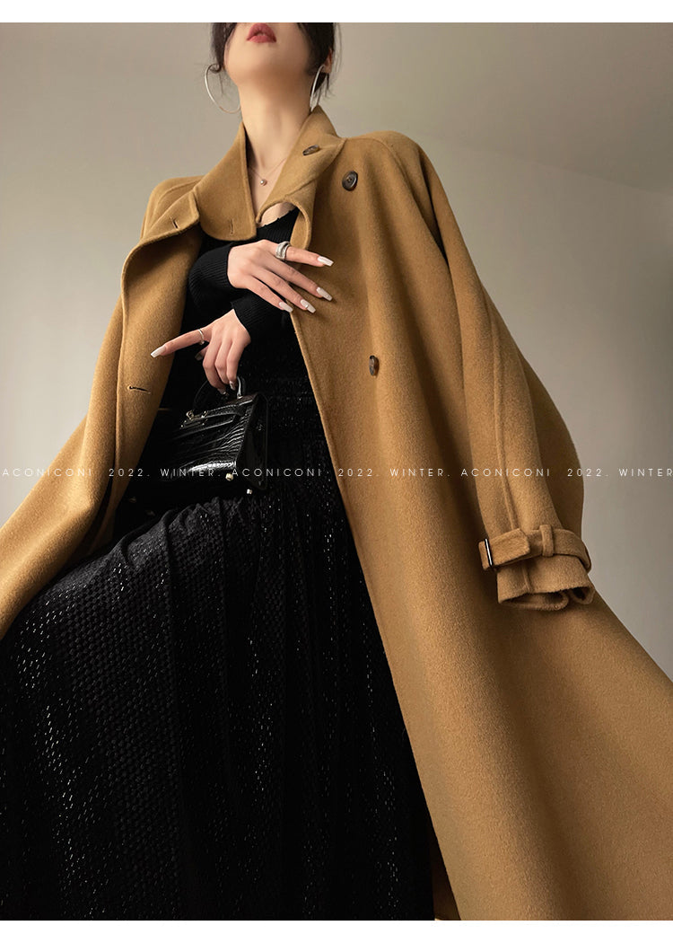 Aconiconi Autumn purple tan double-sided heavy wool cloak jacket long coat - Maple