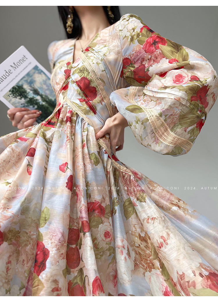 Aconiconi Elegant French Floral Print V-Neck Lantern Sleeve short Dress- Hanano Hatsugaki