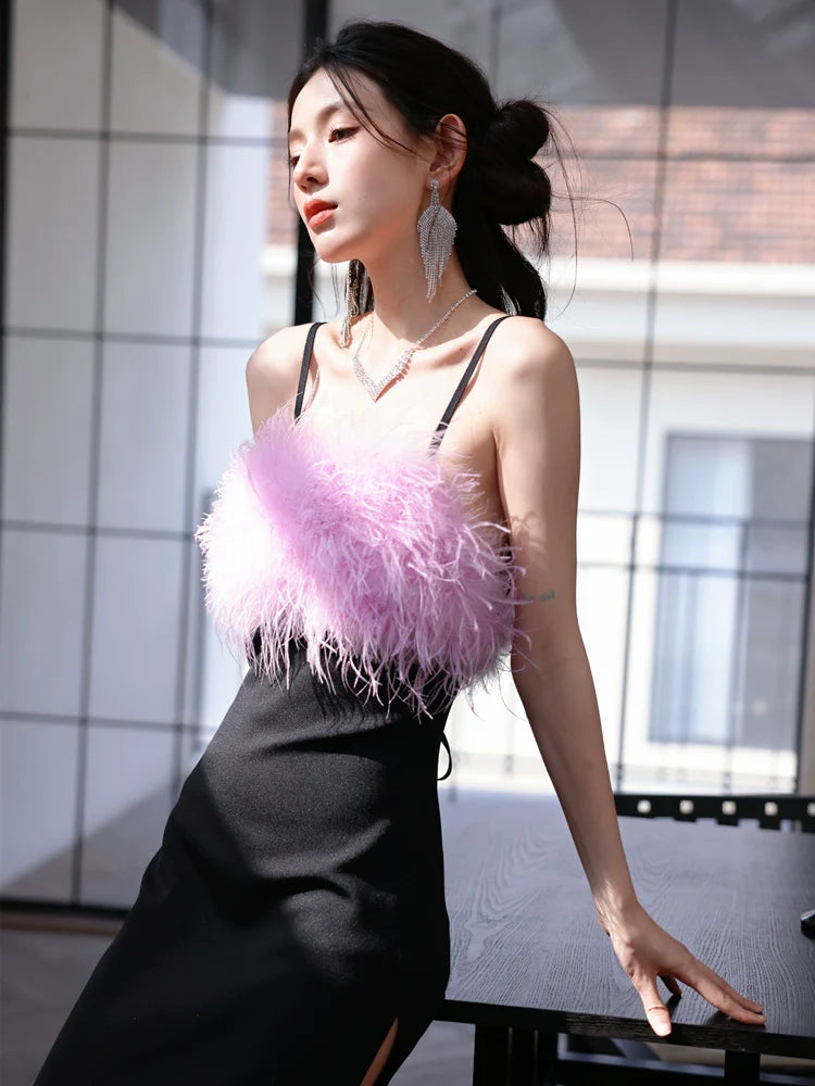 DOLLY Elegant Black Fluffy Feather backless Long Date Dress-JAS