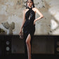 DOLLY  Elegant Black Sleeveless Halter Neck Midi Slit Party Dress-Neya.