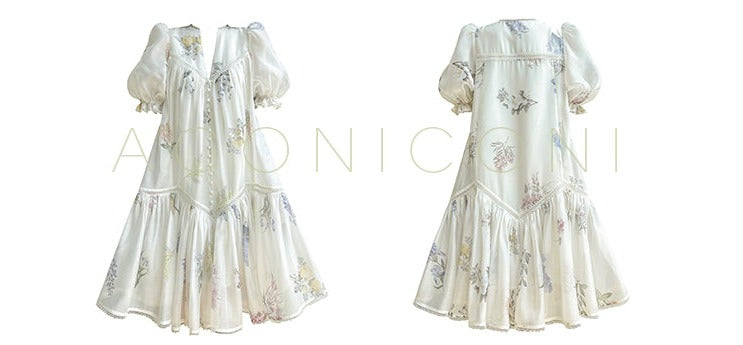 Aconiconi Elegant French Print V-Neck Puff Sleeve vacation Dress- Cloud Forest in the Flowers