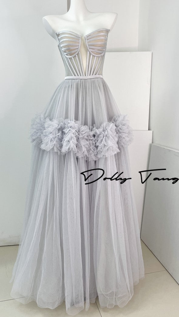 DOLLY Elegant Fog Blue strapless Bandeau High Waist Tutu wedding Dress- vero