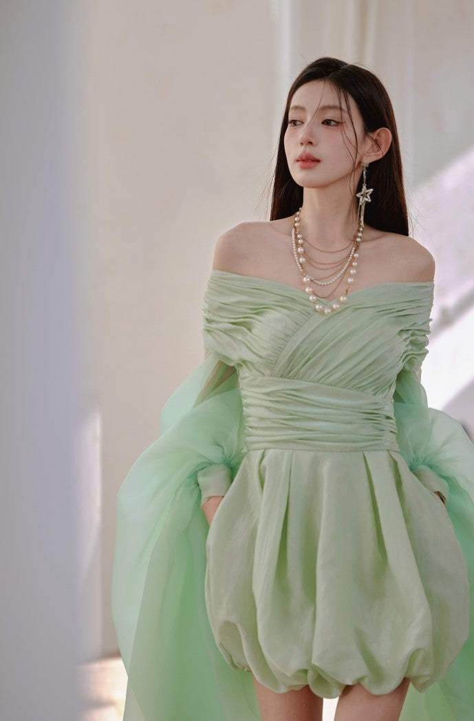 DOLLY High End Green ombre Off Shoulder Puff Sleeves Pleated Tutu Dress- Tulip