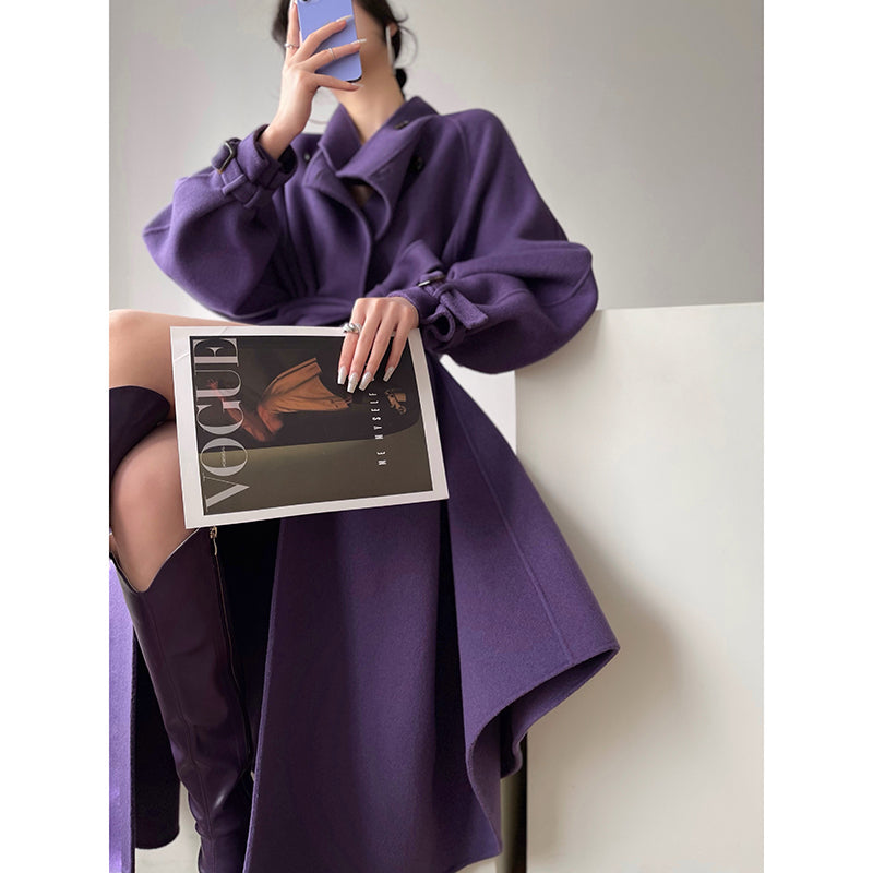 Aconiconi Autumn purple tan double-sided heavy wool cloak jacket long coat - Maple