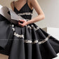 Aconiconi Elegant Black V-Neck Sleeveless Midi Tutu Chic Dress- Rainy Night in Paris