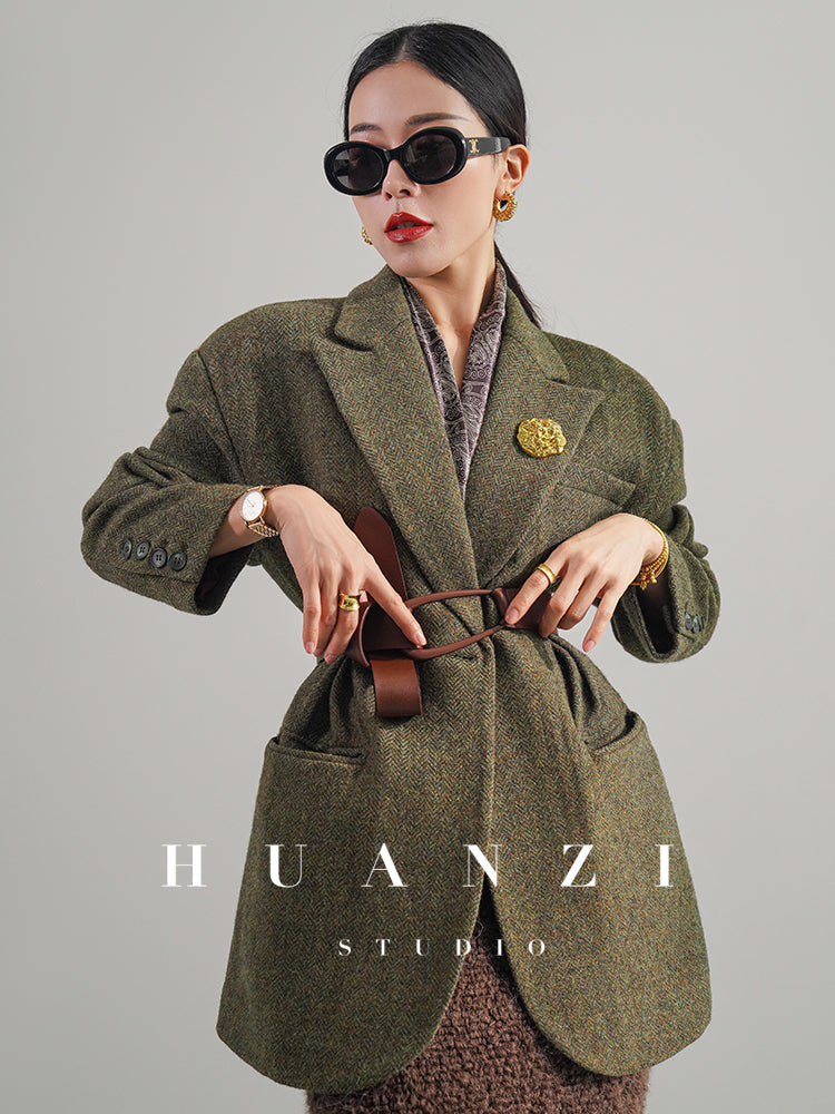 Huanzi high-end retro autumn and winter 100% wool waist suit jacket - Cassie