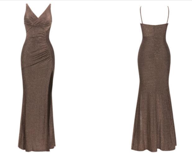 DOLLY Luxury Coffee Brown Sequin Sleeveless Long Slit Banquet Dress-Rola