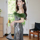 DOLLY Luxury Sliver Retro Style Green Feather Tube Top Long Glitter Party Dress-THEKLA