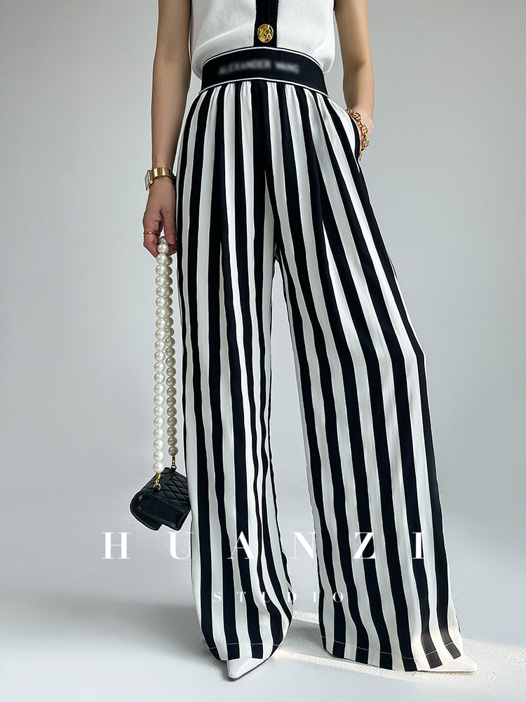 Huanzi high-end striped high-waist wide leg pants - Nuna