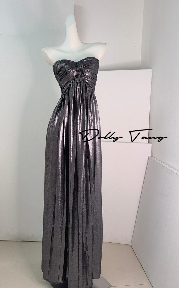 DOLLY Luxury Metallic Ash Pleated Tube Top Long Slit Dress-VIVA