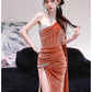 DOLLY Luxury Brown Velvet Greek Style Long Slit Banquet Dress-KARA