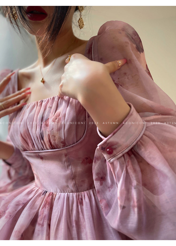Aconiconi| French dress printed fairy long  sleeves dress -Begonia Never Sleeps