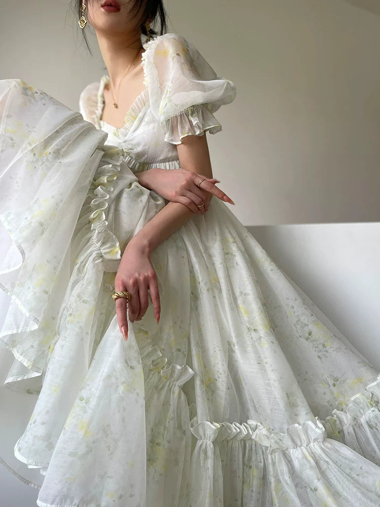 Aconiconi Luxury Off White floral print Puff Sleeve French cottaage bridal Dress- Yurui Chuning