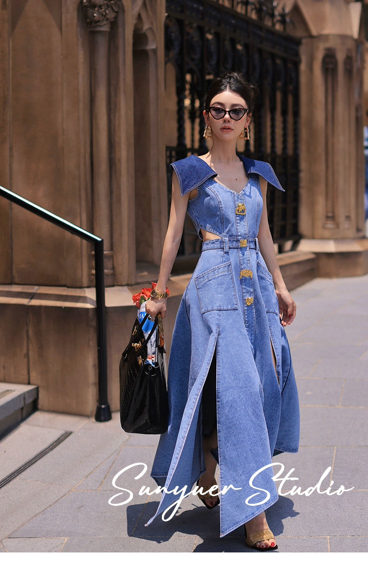 Elegant denim large lapel collar, cut-out waist summer slit long jean denim dress