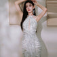 DOLLY High End White silver Glitter Deep V-Neck High Waist Long Party Dress-Xen