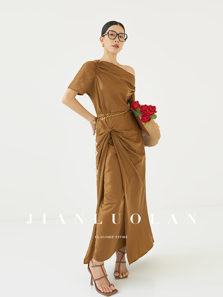 Huanzi custom pleated short-sleeved top + high-waisted heavy kneaded pleated shape split skirt suit