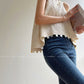 Aconiconi Elegant Beige Crew Neck Top/ High Waist Loose Long Skirt- Sea of Clouds Wind Chime