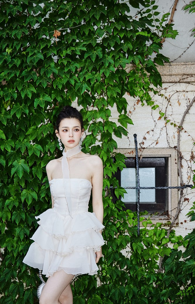 DOLLY Elegant Cream Colored Tube Top Fluffy Ruffle Birthday Dress-ANDORA