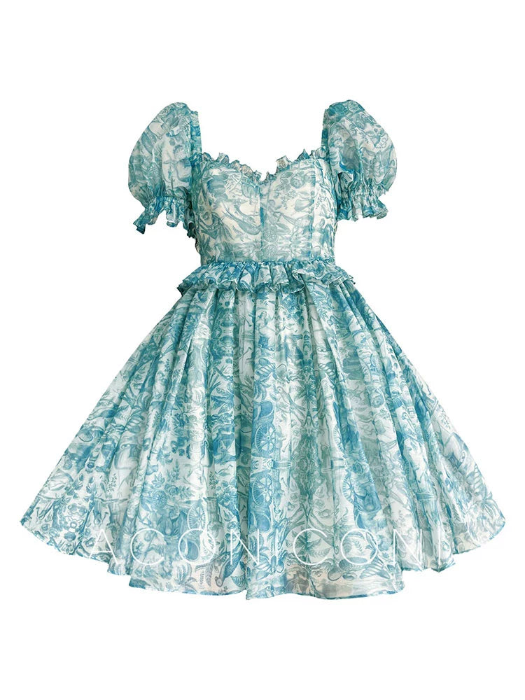 Aconiconi Elegant Blue French Print Short Princess Dress-  Blue Ocean Whisper