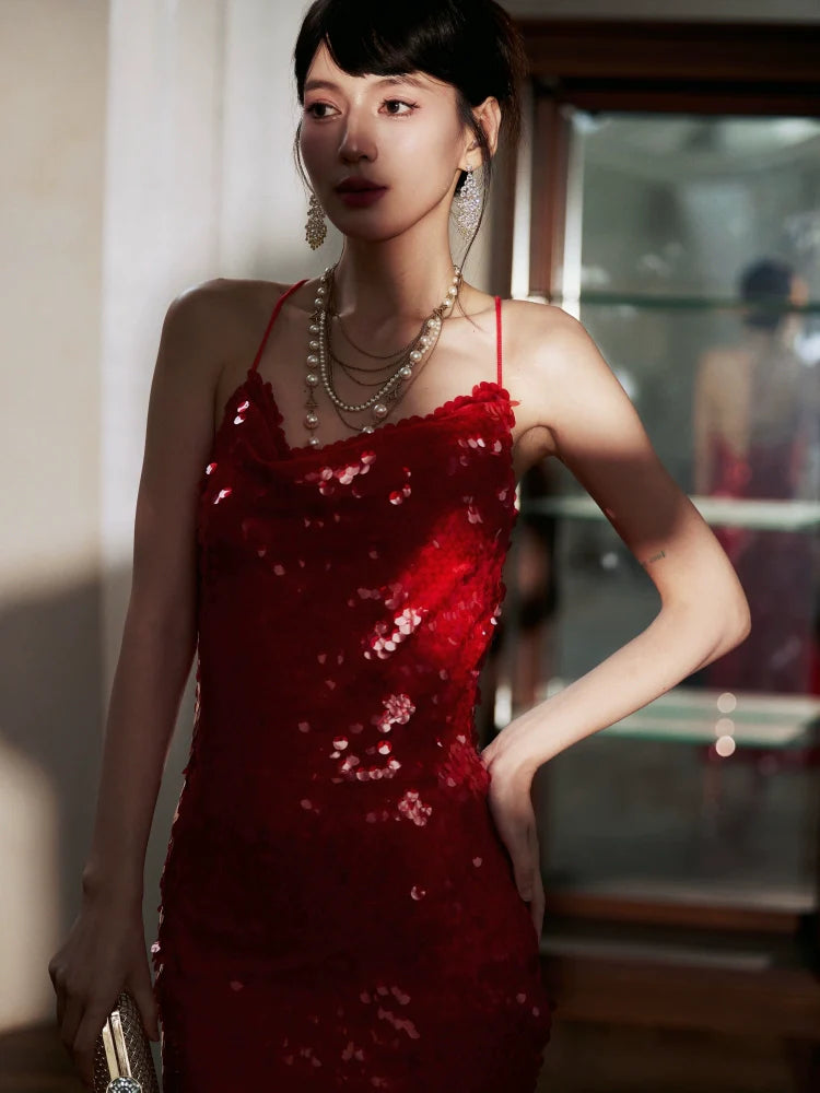 DOLLY Elegant Red French Sleeveless Sequin Backless Long Cocktail Dress-Quin