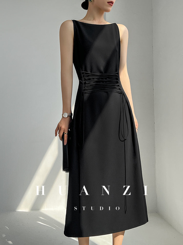 Huanzi French shoulders cinched waist women's summer Midi dress - Kendou