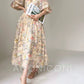 Aconiconi Elegant French Flower Print Puff Sleeve Loose Resort Dress-  Huatian Pear Cloud