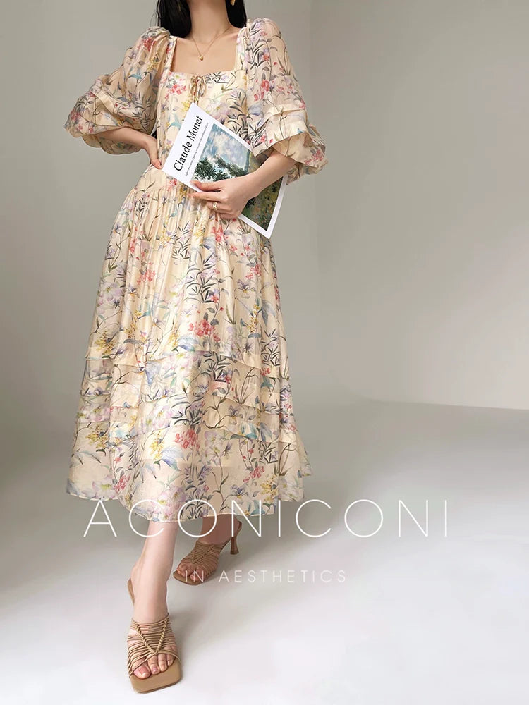 Aconiconi Elegant French Flower Print Puff Sleeve Loose Resort Dress-  Huatian Pear Cloud