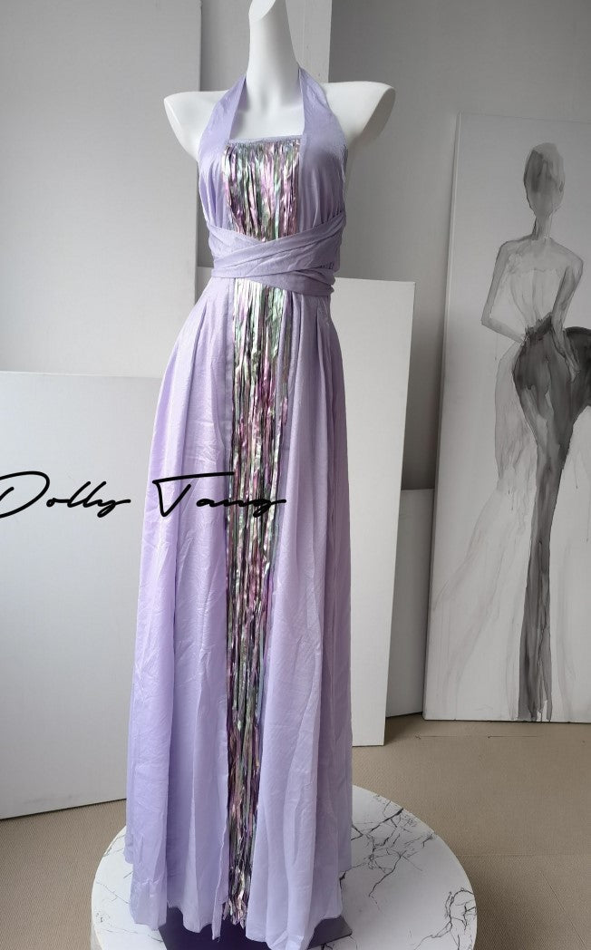 DOLLY Luxury Purple Halter Neck Backless Tassel Sexy Long Party Dress-Babe