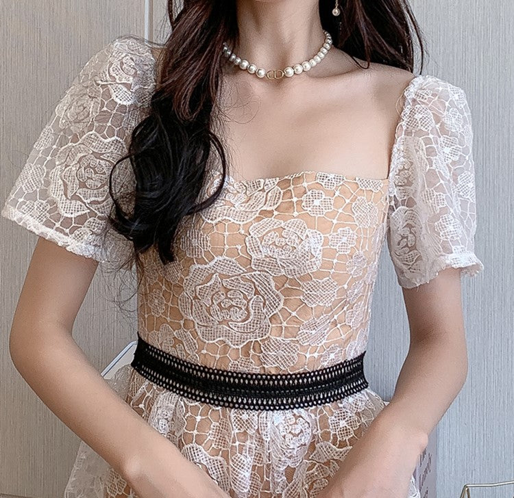 DOLLY Luxury French Style Square Collar Short Puff Sleeves Long Lace Cake Dress-POKIE