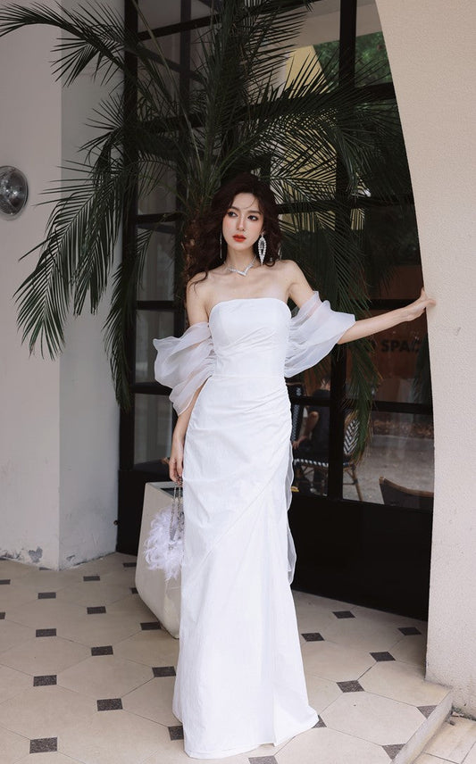 DOLLY Elegant White Off Shoulder Short Puff Sleeve High Waist Wedding Dress-NIKKA
