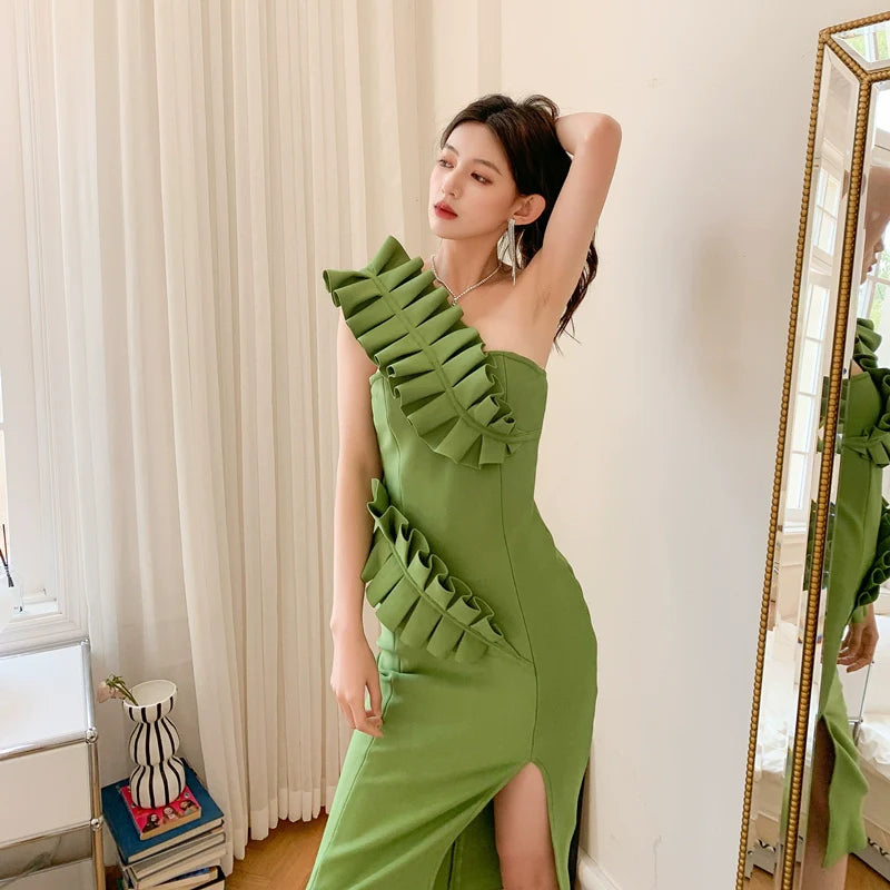 DOLLY Elegant Green Off Shoulder Tube Top High Waist Slit Dinner Dress-MEL