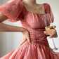 Aconiconi Luxury Square neck Short Puff Sleeve A-Line Short Dress- Sunset Rose Starry