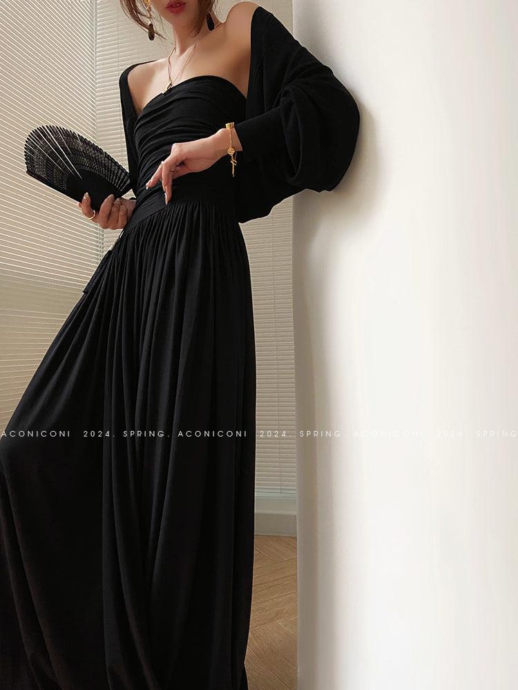 Aconiconi Elegant Black strapless Long Tube Top Dinner Dress  - Hibiscus evening