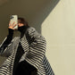 Aconiconi Elegant Black And White Stripe Long Sleeve Long Wool Coat- Quiet Night Flowing Light