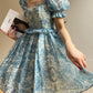 Aconiconi Elegant Blue French Print Short Princess Dress-  Blue Ocean Whisper