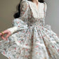 Aconiconi Elegant French Print Retro V-Neck Lace Tea Dress- Night Rose