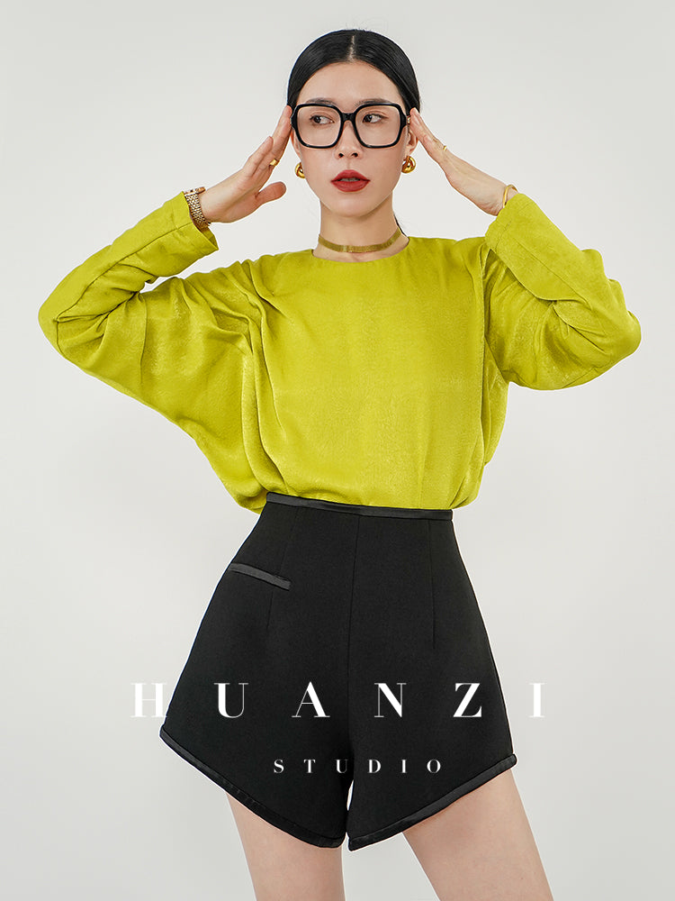 Huanzi silky satin pleated women's spring autumn long-sleeved top blouse - Aniy