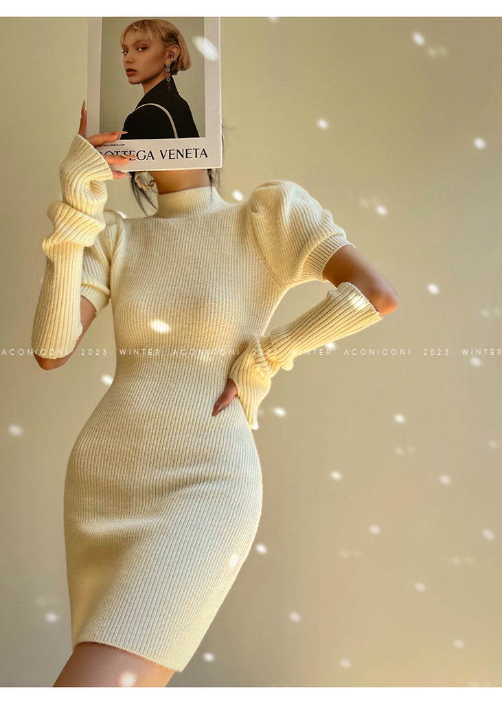 Cream Milk Red Knitted Puff Sleeve Sweater Dress- Mousse Milk Puff M (L-XL Wearable) / Off White Cream Milk Red Knitted Puff Sleeve Sweater Dress- Mousse Milk Puff M (L-XL Wearable) / Off White