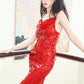 DOLLY Elegant Red French Sleeveless Sequin Backless Long Cocktail Dress-Quin