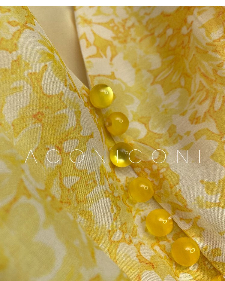 Aconiconi Elegant Yellow V-NeckPuff Sleeve Vacation Dress- Manshan