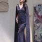 DOLLY Elegant Blue Gray Deep V-Neck Sleeveless Slim Fit Shawl Dinner Dress-KRISTI