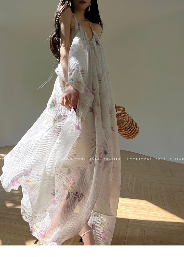 Aconiconi Elegant Halter V-Neck Sleeveless Loose Long Resort Goddess vacation Dress- Fengxin Orchid