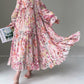 Aconiconi Elegant Floral french Print V-Neck Long Puff Sleeve Loose Waist vacation Dress - Flowery Love