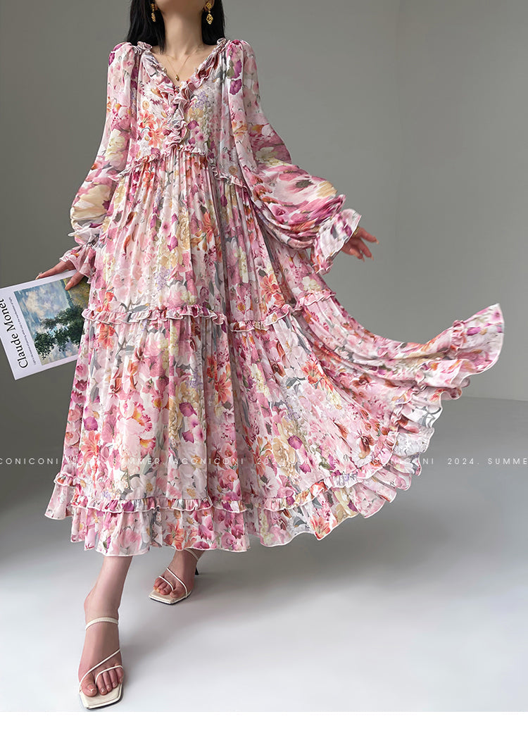 Aconiconi Elegant Floral french Print V-Neck Long Puff Sleeve Loose Waist vacation Dress - Flowery Love