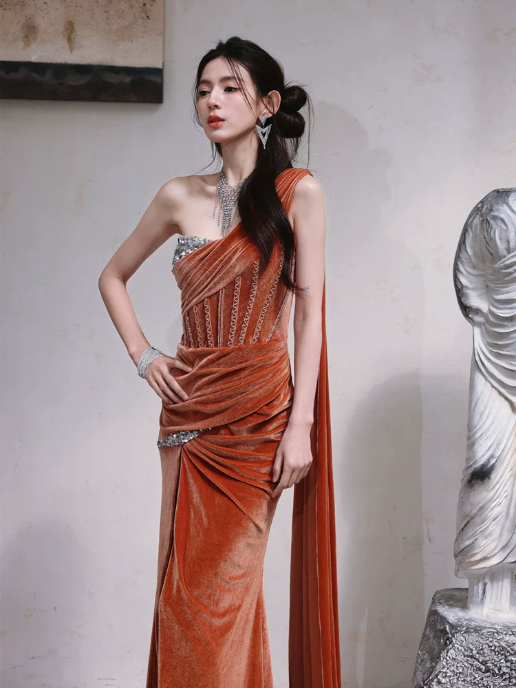 DOLLY Luxury Brown Velvet Greek Style Long Slit Banquet Dress-KARA