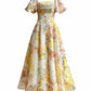 Aconiconi Elegant Flower Print Square Collar Short Sleeve midi  Dress-  Monet Summer Flowers